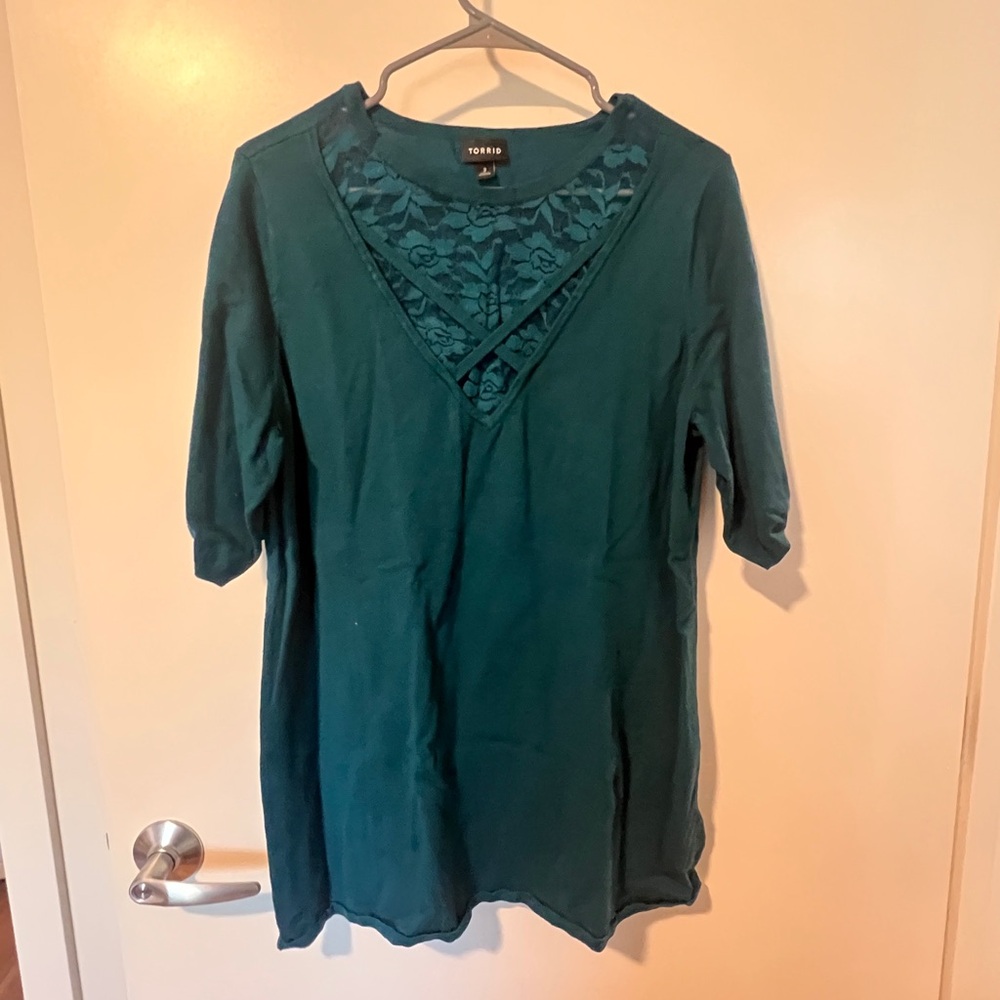 1. Torrid Womens Teal Blue Lace High Neck Elbow Sleeves Pullover Knit Sweater